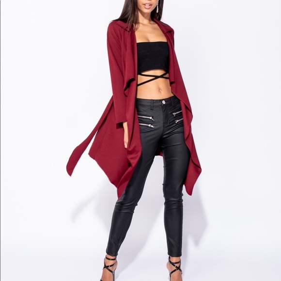 Wine Waterfall Collar Tie Waist Jacket - Picture 5 of 8